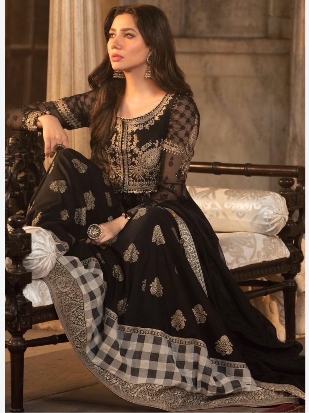 Maria B- Black Maxi Dress Embroidered - Mahira Khan